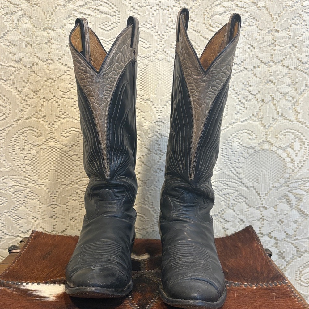 Vintage Tony Lama Black Label Black and Grey Leather Cowboy Boots 10 1/2